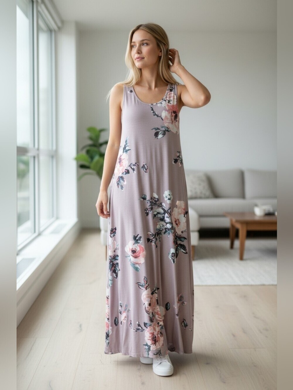 Sleeveless Floral Maxi Dress in Dusty Pink